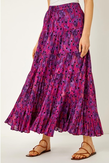 Roman Purple Feather Print Tiered Cotton Maxi Skirt