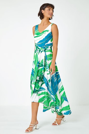 Roman Green Sleeveless Palm Print High Low Maxi Dress