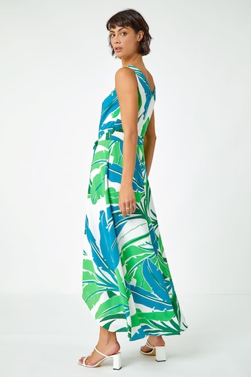 Roman Green Sleeveless Palm Print High Low Maxi Dress