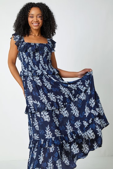 Roman Blue Petite Floral Print Tiered Maxi Dress