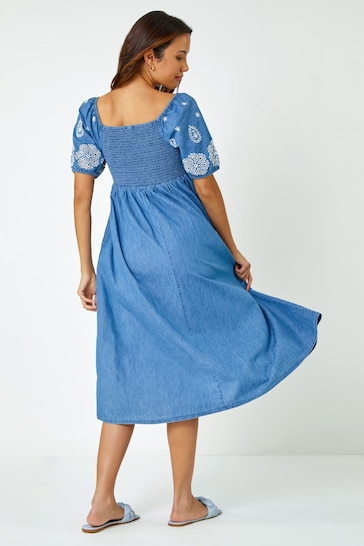 Roman Blue Cotton Embroidered Denim Midi Dress
