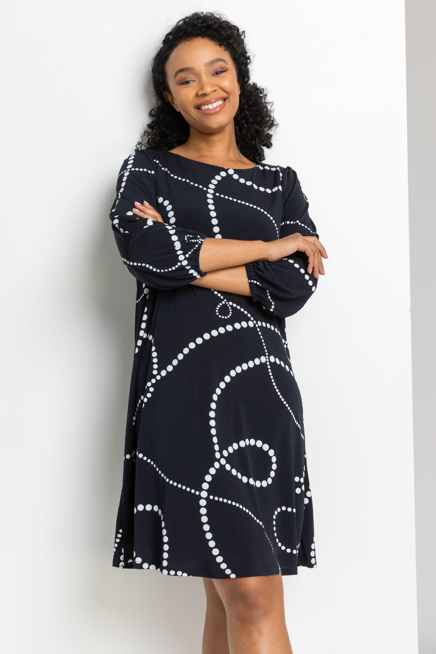Buy Roman Blue Petite Linear Spot Print Shift Dress from the Next