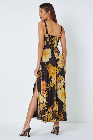 Roman Yellow Floral Print Stretch Maxi Dress