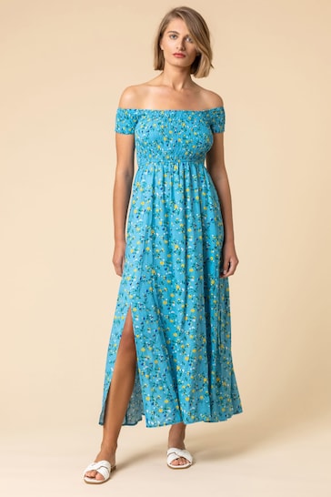 Roman Blue Shirred Floral Print Bardot Dress