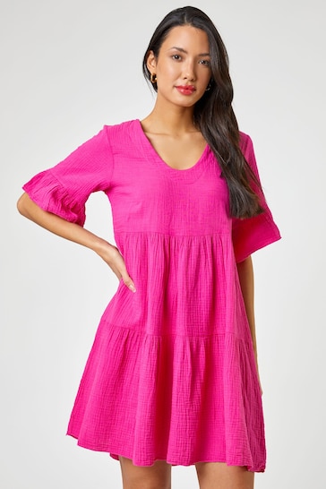 Roman Pink Textured Tiered Smock Dress