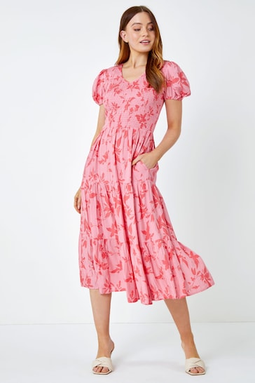 Roman Pink Floral Shirred Waist Tiered Midi Dress