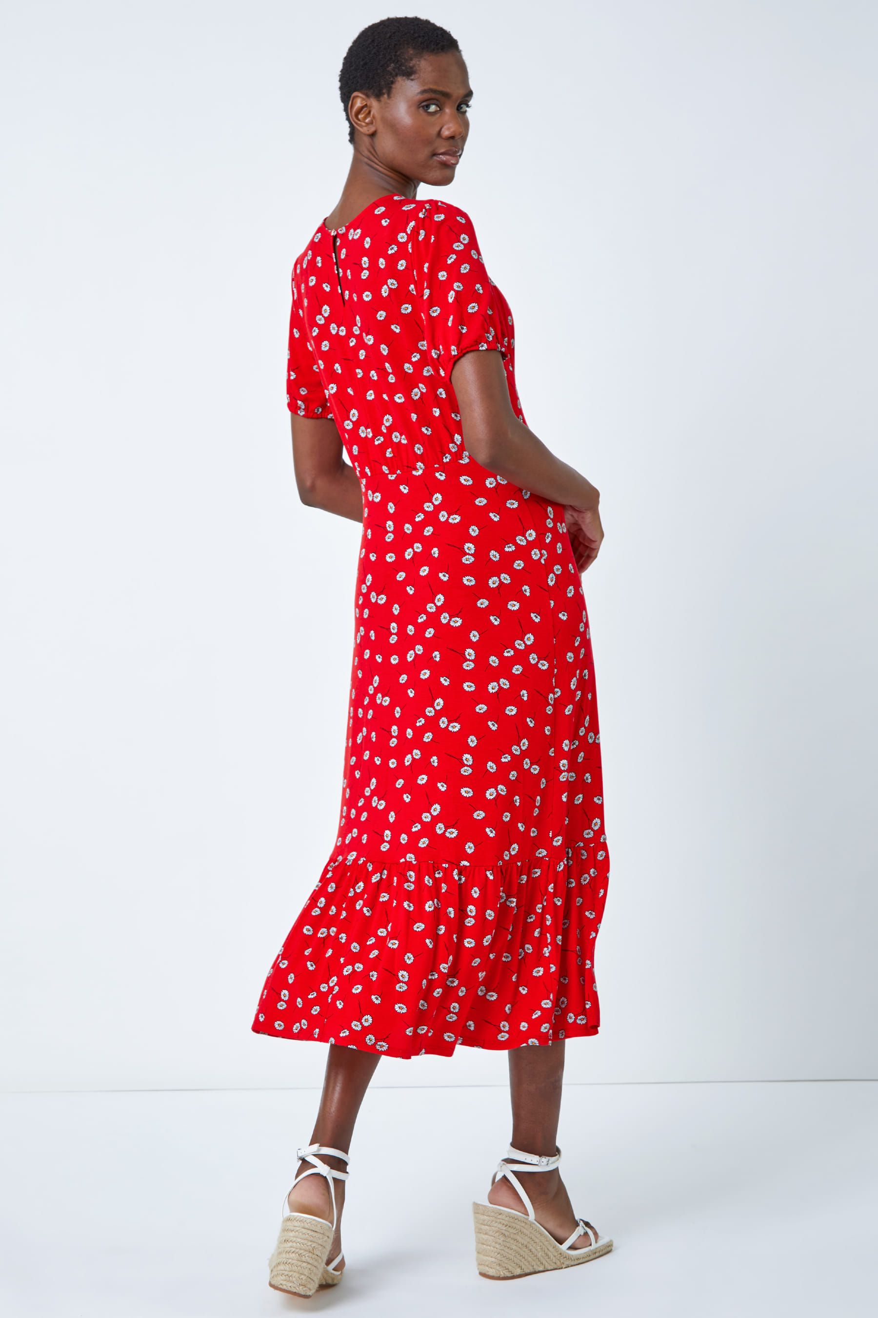 Red ditsy floral midi dress top