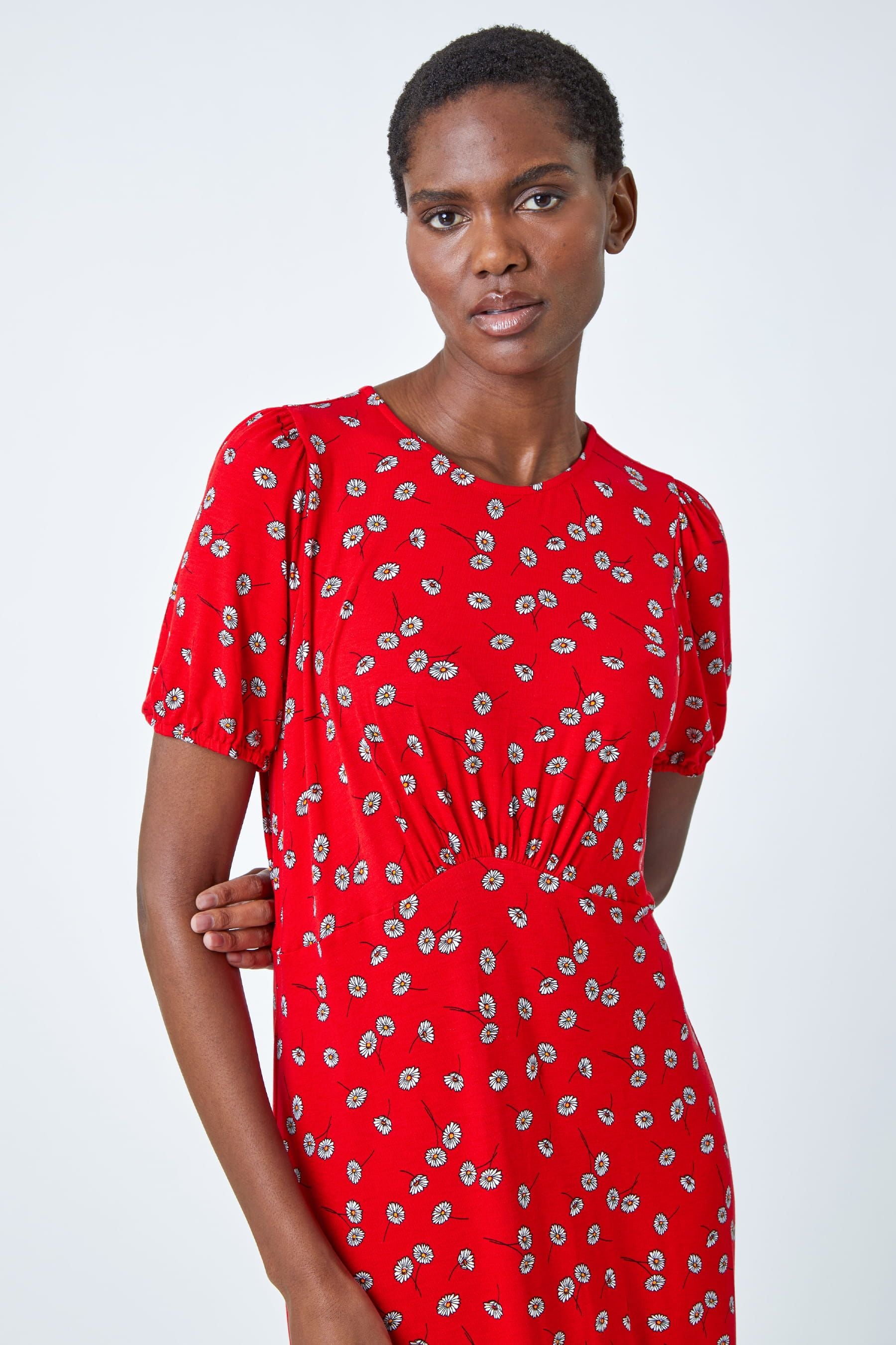 Red ditsy floral midi dress new arrivals