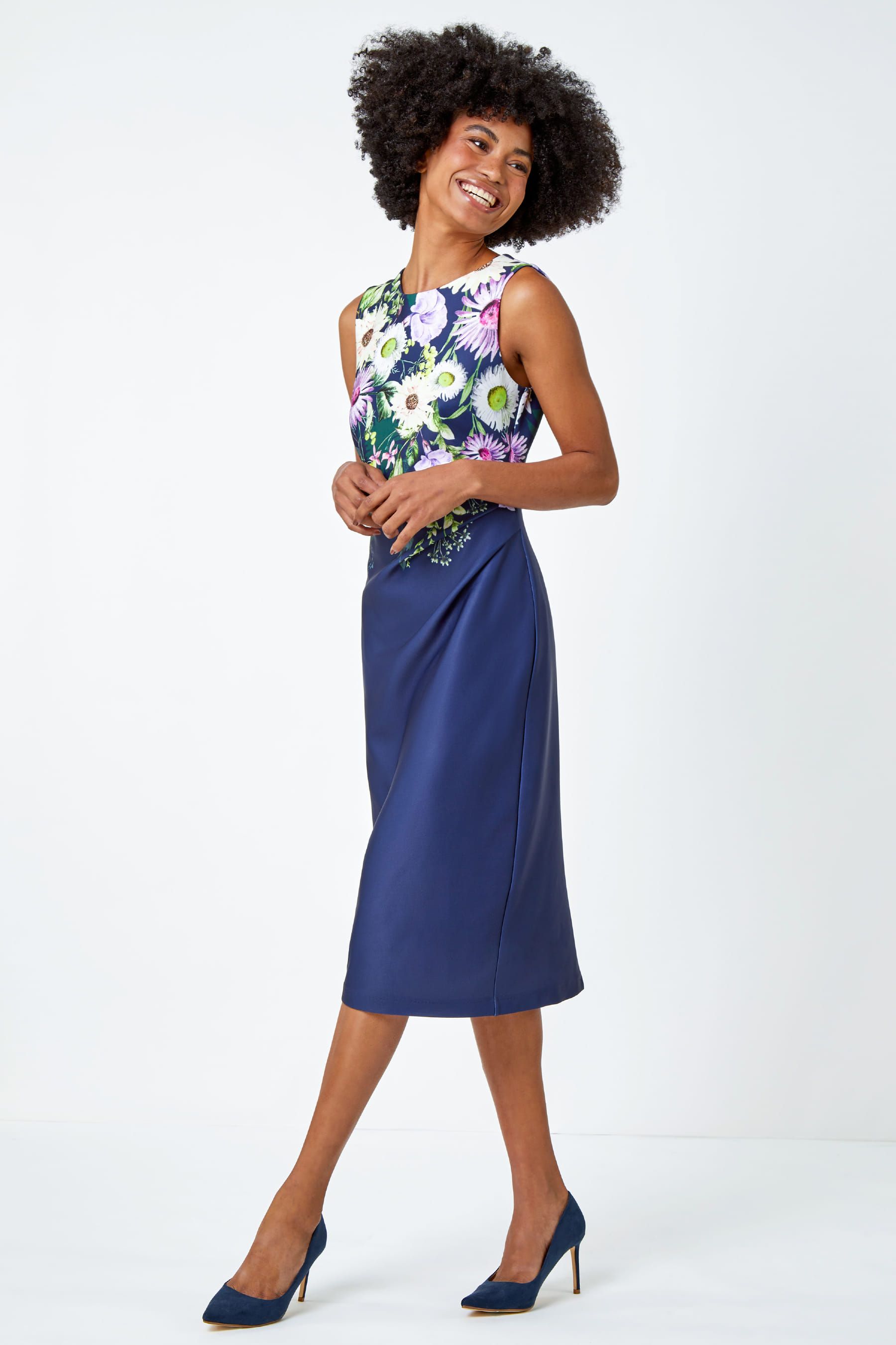 Roman Blue Floral Border Print Stretch Shift Dress