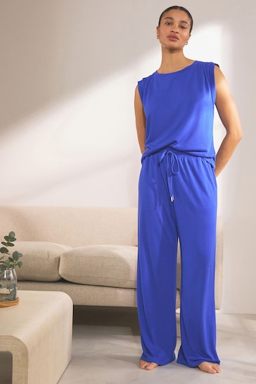 Indigo Blue Linen Blend Vest Pyjamas