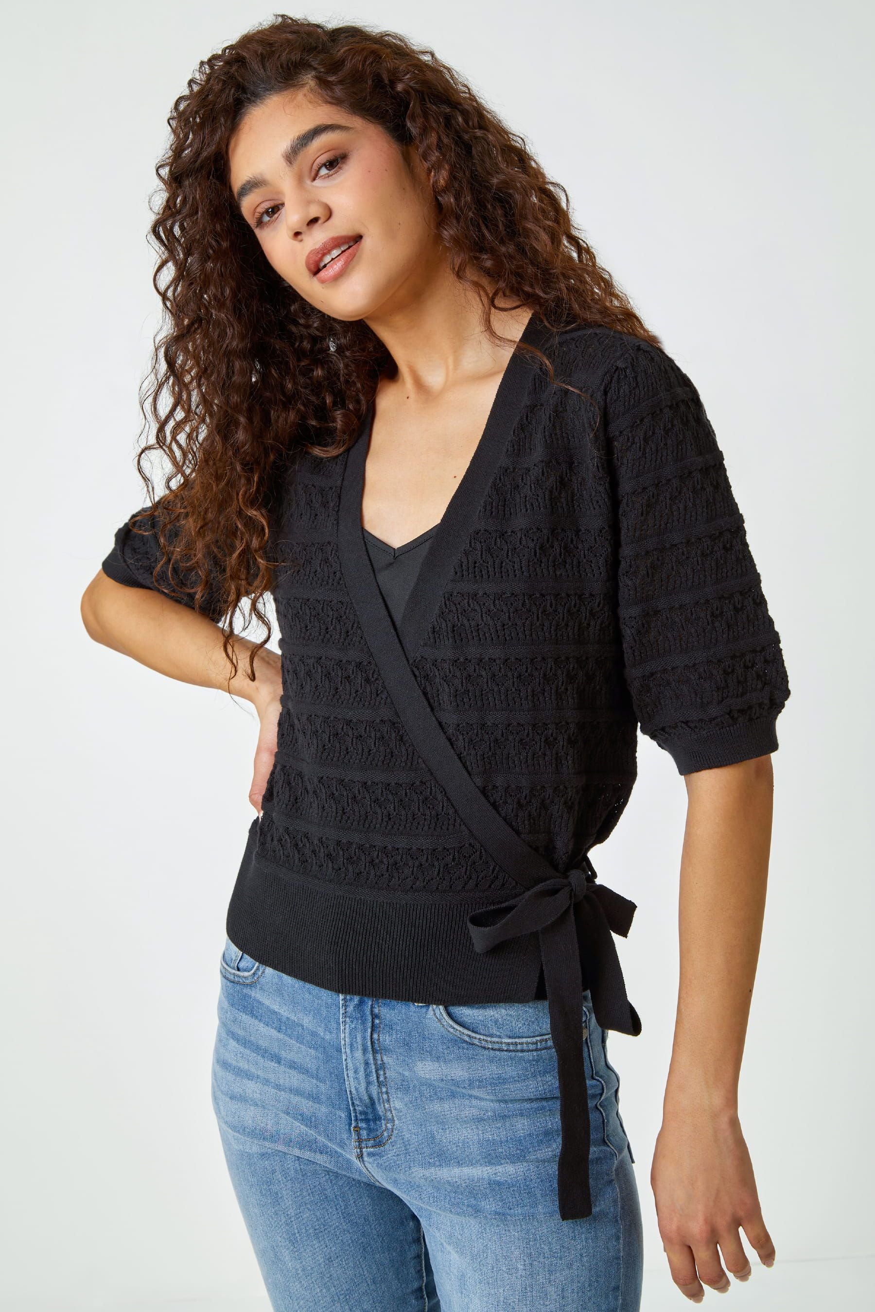 Roman Black 100 Cotton Wrap Over Tie Detail Cardigan