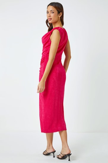 Roman Pink Cowl Neck Ruched Midi Dress