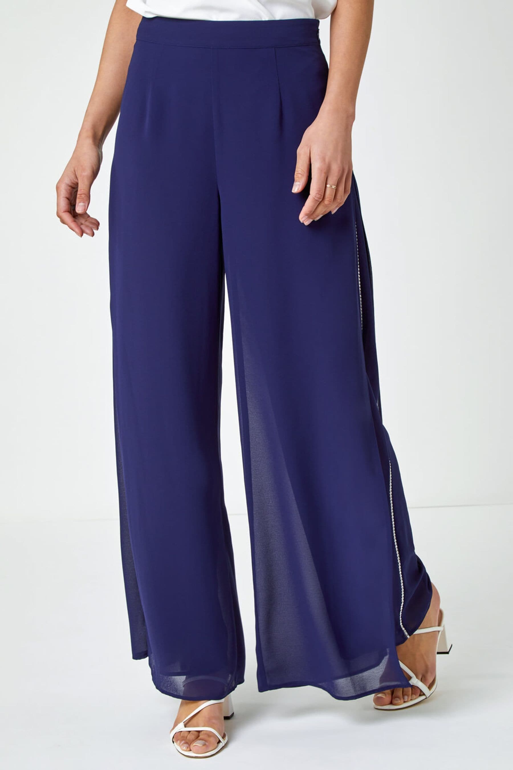 Roman Blue Diamante Embellished Side Split Chiffon Trousers