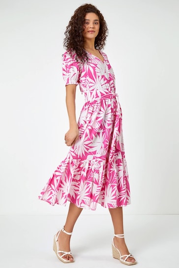 Roman Pink Floral Print Tiered Midi Dress