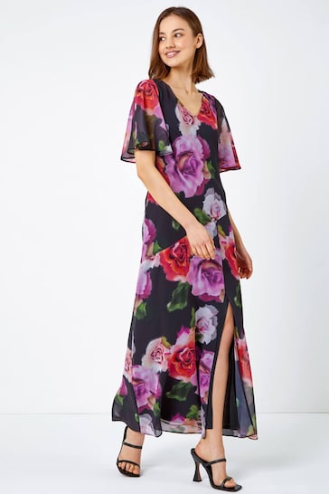 Roman Black Floral Print Tie Back Maxi Dress