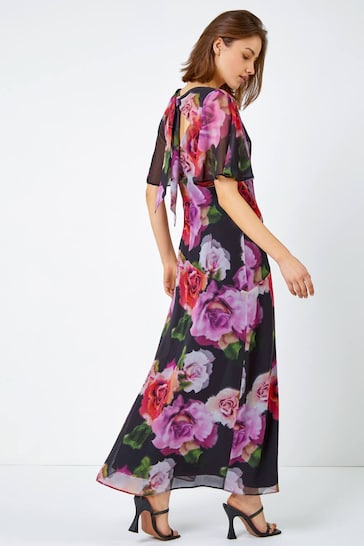 Roman Black Floral Print Tie Back Maxi Dress