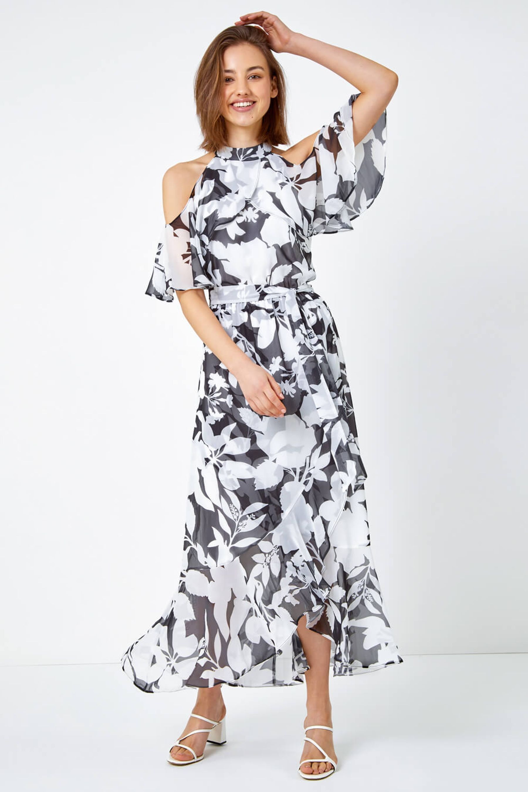Buy Roman Black Floral Cold Shoulder Chiffon Maxi Dress from the Next UK online shop