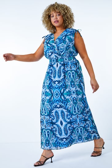 Roman Blue Curve Stretch Waist Midi Dress