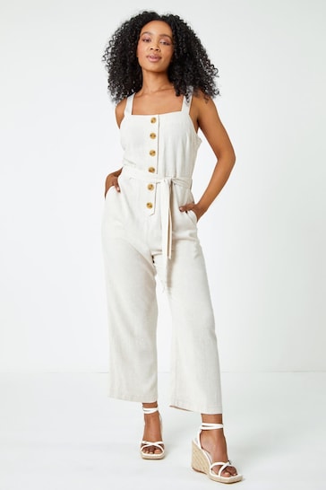 Roman Cream Petite Sleeveless Belted Linen Jumpsuit