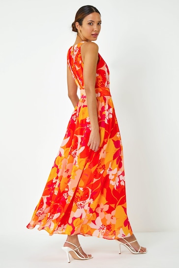 Roman Pink Tropical Print Halterneck Maxi Dress