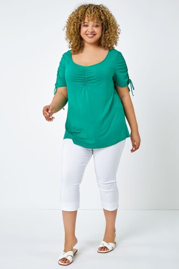 Roman Green Curve Plain Ruched Tie Top