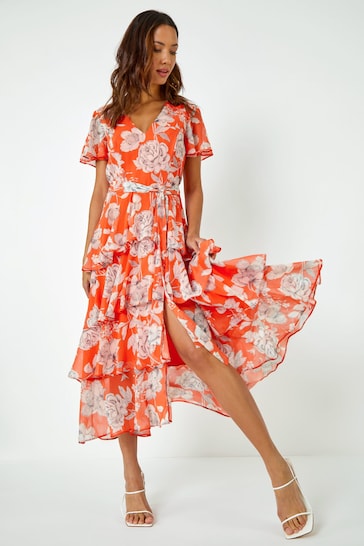 Roman Orange/White Floral Print Tiered Frill Midi Dress