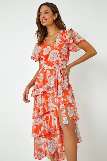 Roman Orange/White Floral Print Tiered Frill Midi Dress