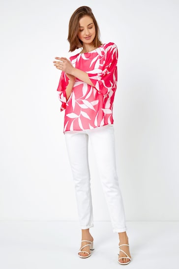 Roman Pink Leaf Print Overlay Top