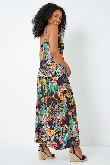 Roman Black Petite Tropical Print Maxi Dress