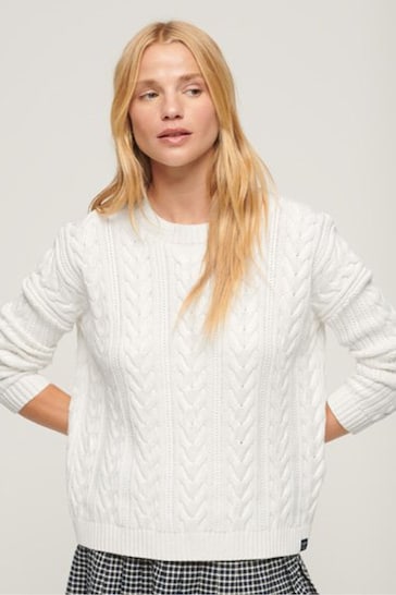 Superdry White Dropped Shoulder Cable Crew Jumper
