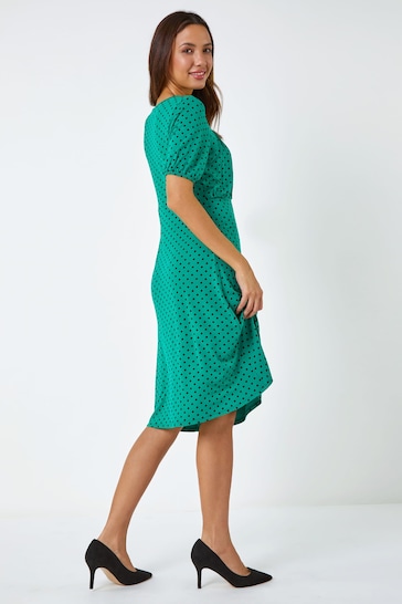 Roman Green Polka Dot Print Stretch Dress