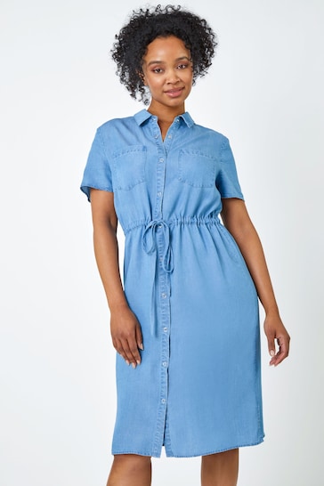 Roman Blue Petite Tie Waist Denim Shirt Dress