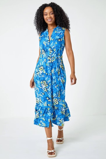 Roman Blue Petite Floral Frill Hem Sleeveless Dress
