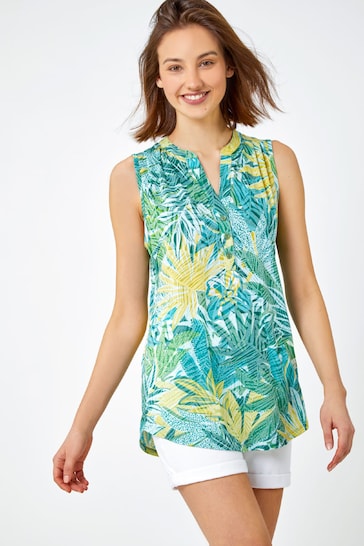 Roman Green Tropical Burnout Button Detail Top