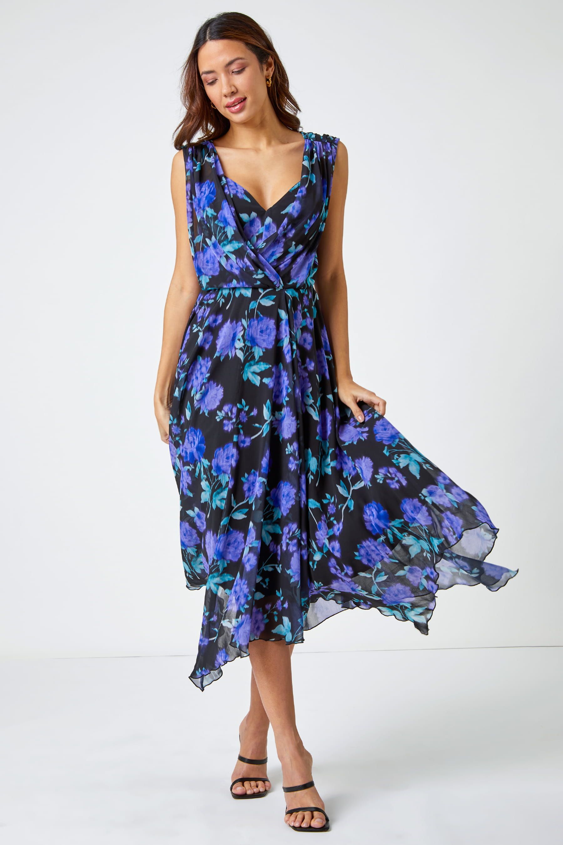 Roman Black Sleeveless Floral Chiffon Midi Dress