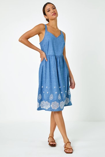Roman Blue Cotton Denim Look Broderie Twill Dress