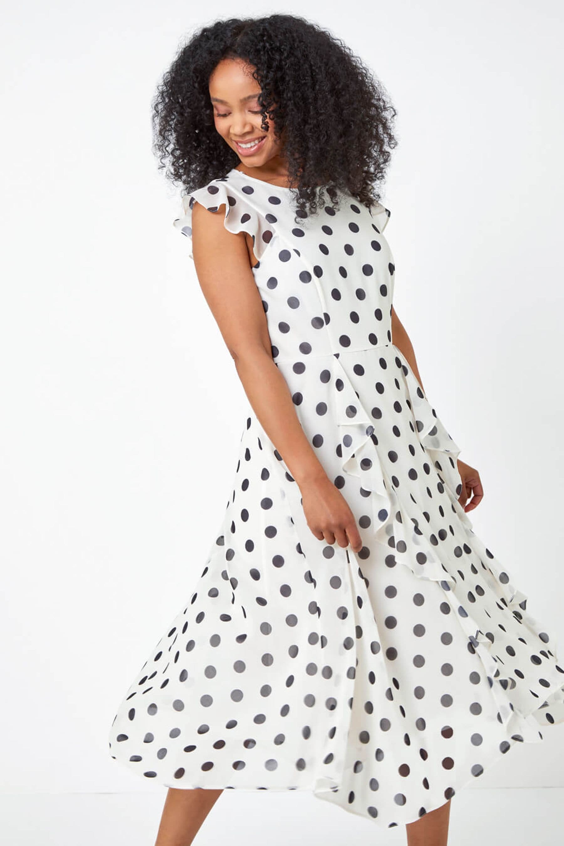 Buy Roman White Petite Polka Dot Ruffle Midi Dress from the Next