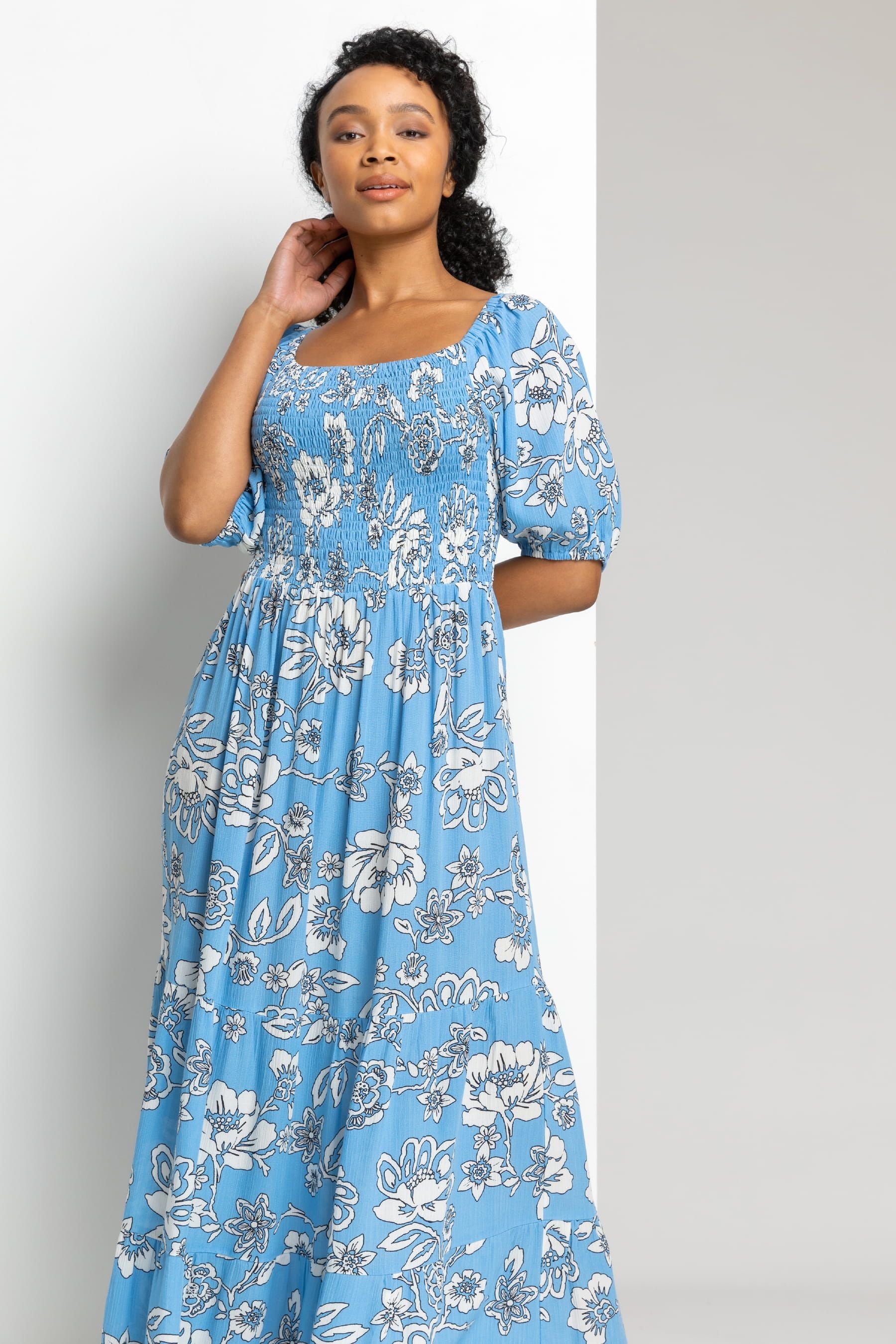 Buy Roman Blue Petite Floral Print Shirred Bodice Maxi Dress from