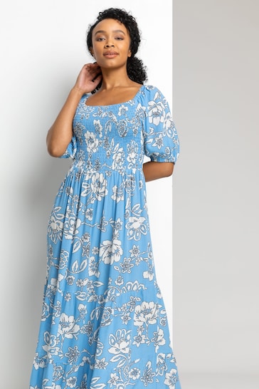 Roman Blue Petite Floral Print Shirred Bodice Maxi Dress