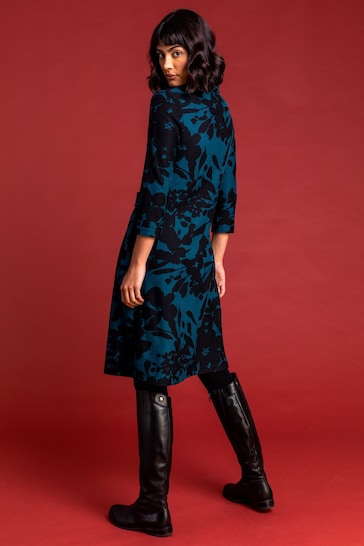 Roman Blue Floral Print Cowl Neck Dress