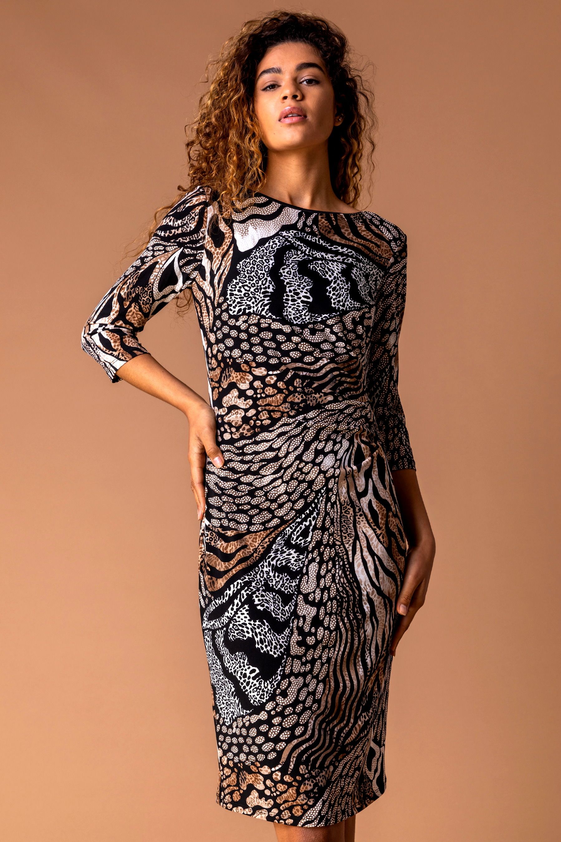 Roman Brown Textured Abstract Animal Print Dress
