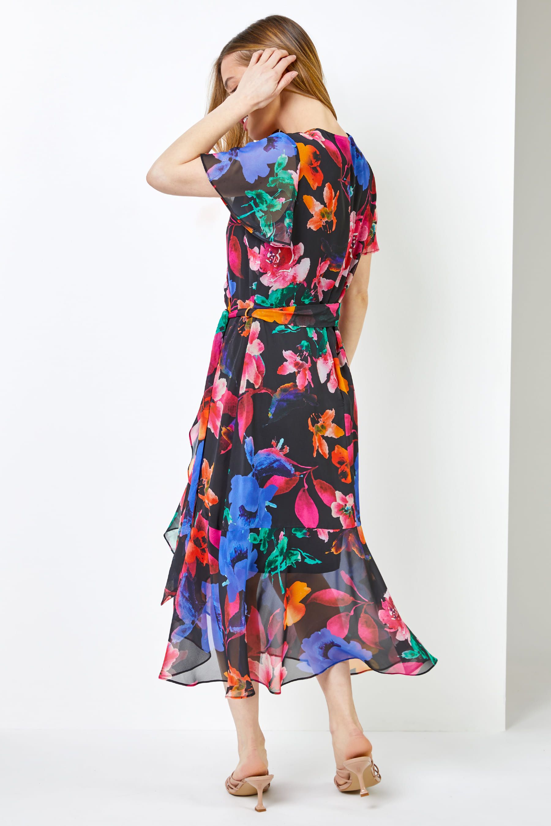 Floral frill detail wrap discount maxi dress