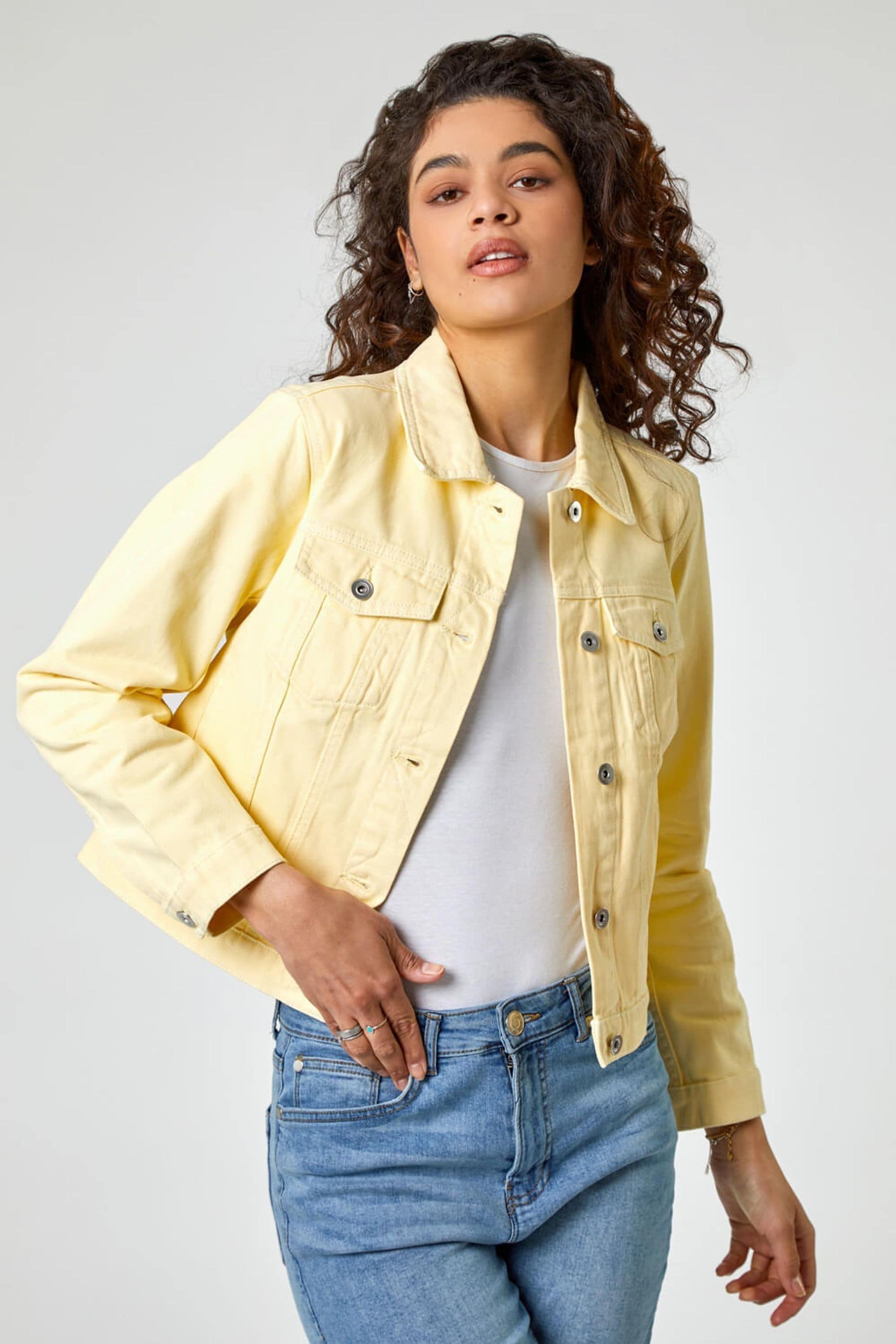 Yellow and blue denim outlet jacket