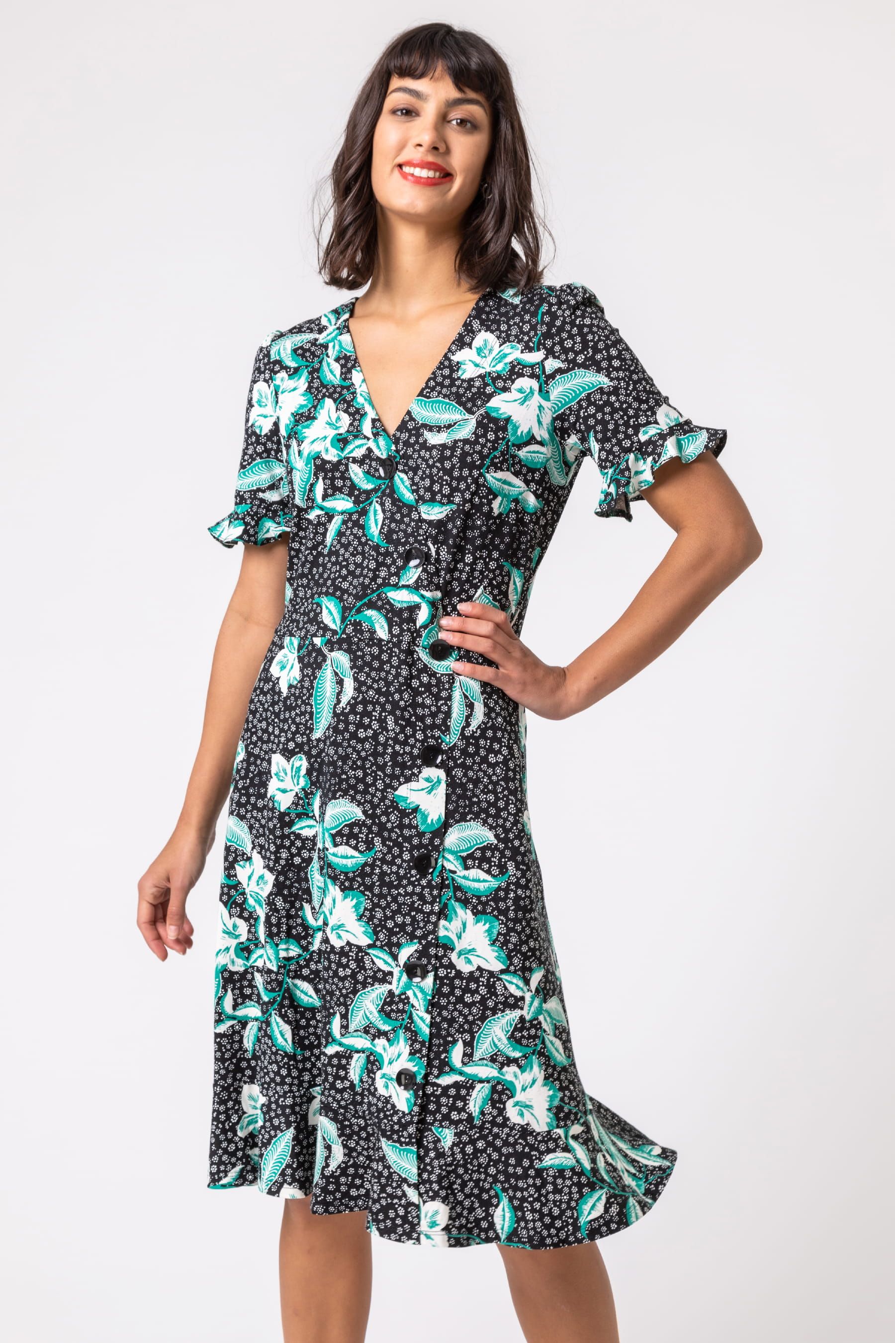 Buy Roman Black Floral Side Button Tea Dress from the Next UK