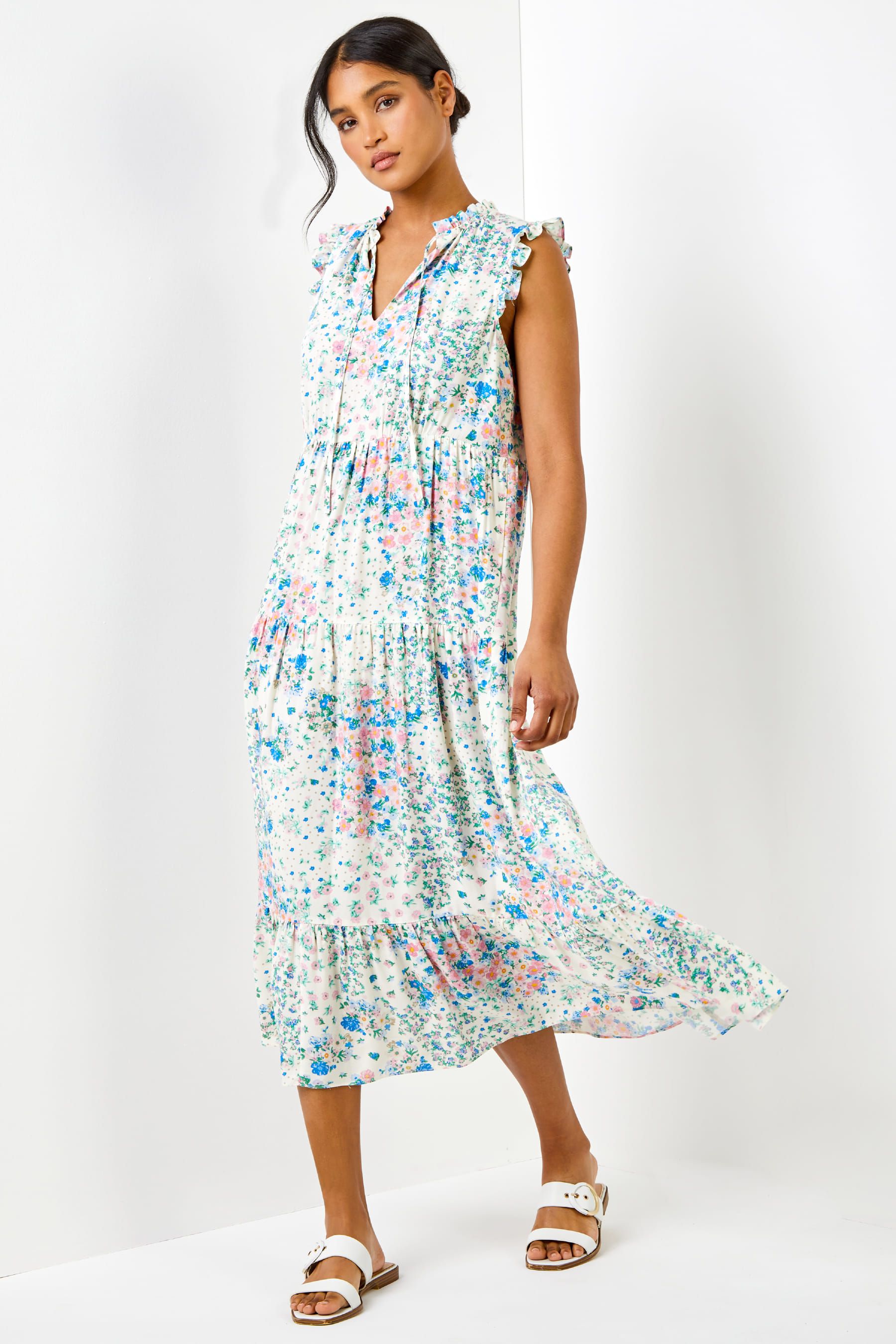 White floral print shop frill detail midi dress