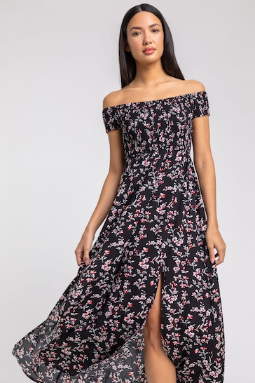 Roman Black Shirred Floral Print Bardot Dress