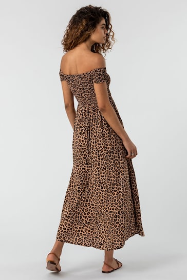 Roman Brown Print Shirred Bardot Maxi Dress