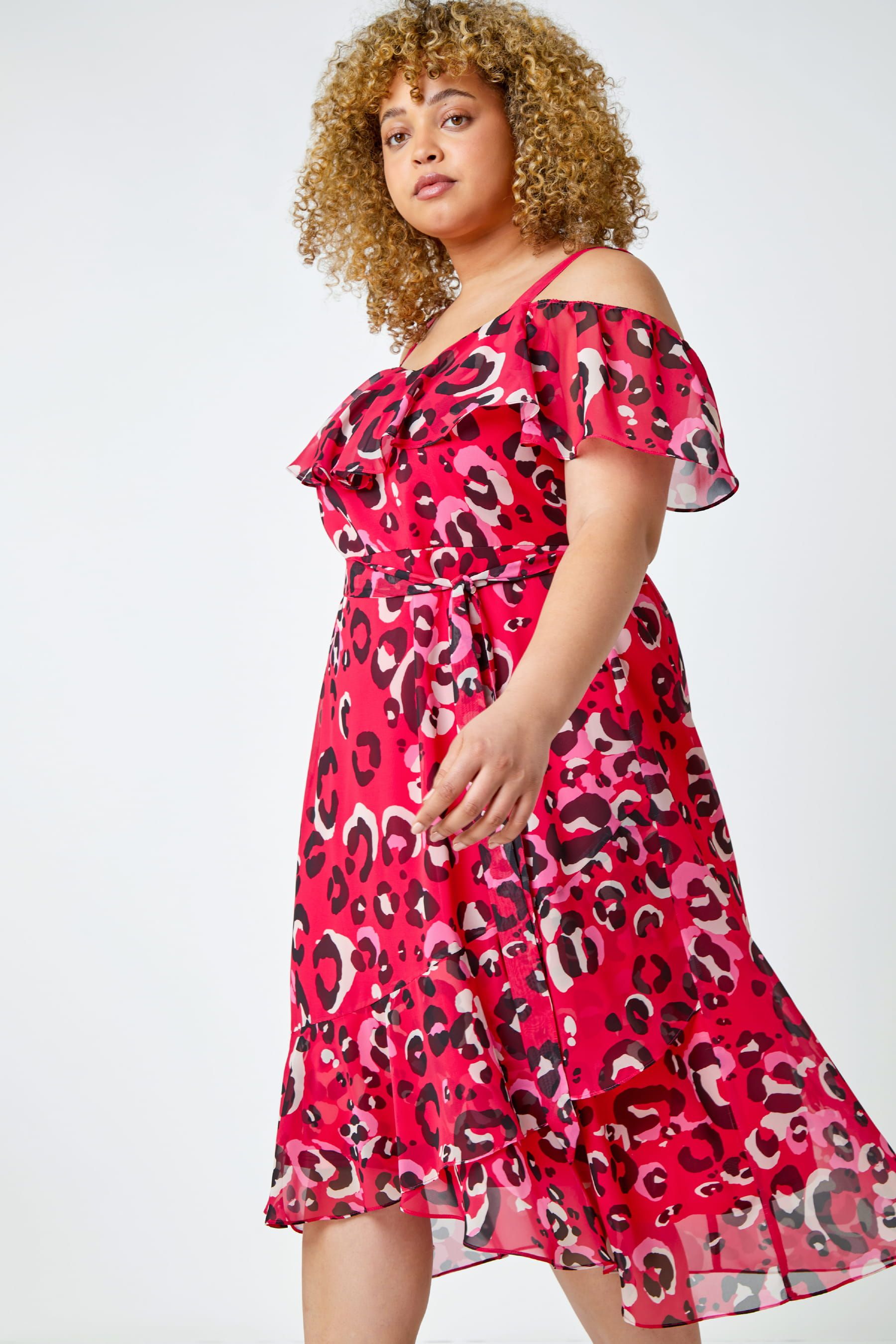 Buy Roman Pink Curve Animal Cold Shoulder Frill Dress from the