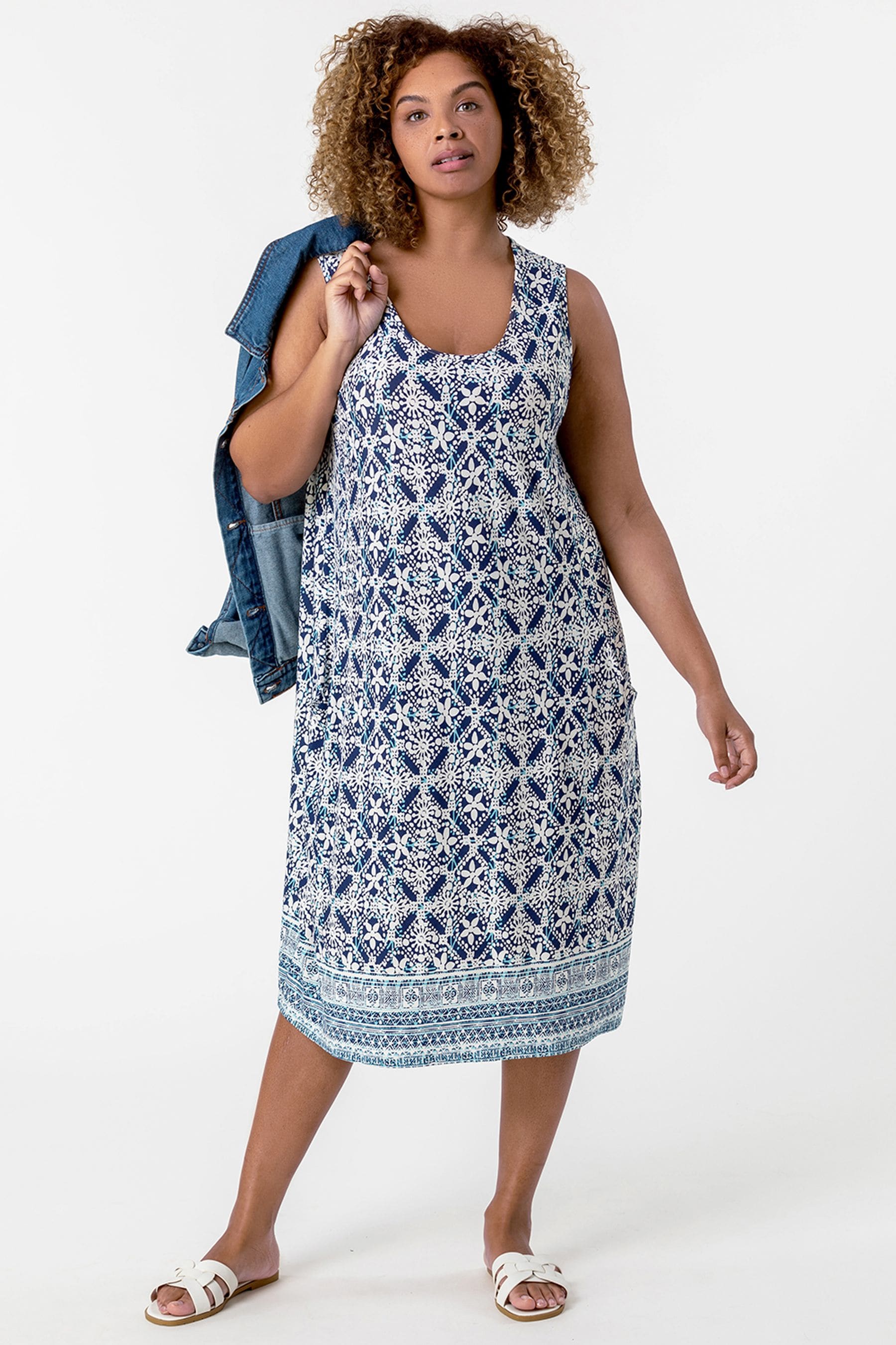 Roman Blue Curve Tile Print Cocoon Dress