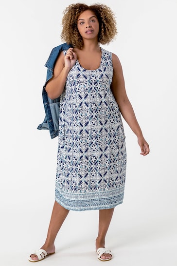 Roman Blue Curve Tile Print Cocoon Dress